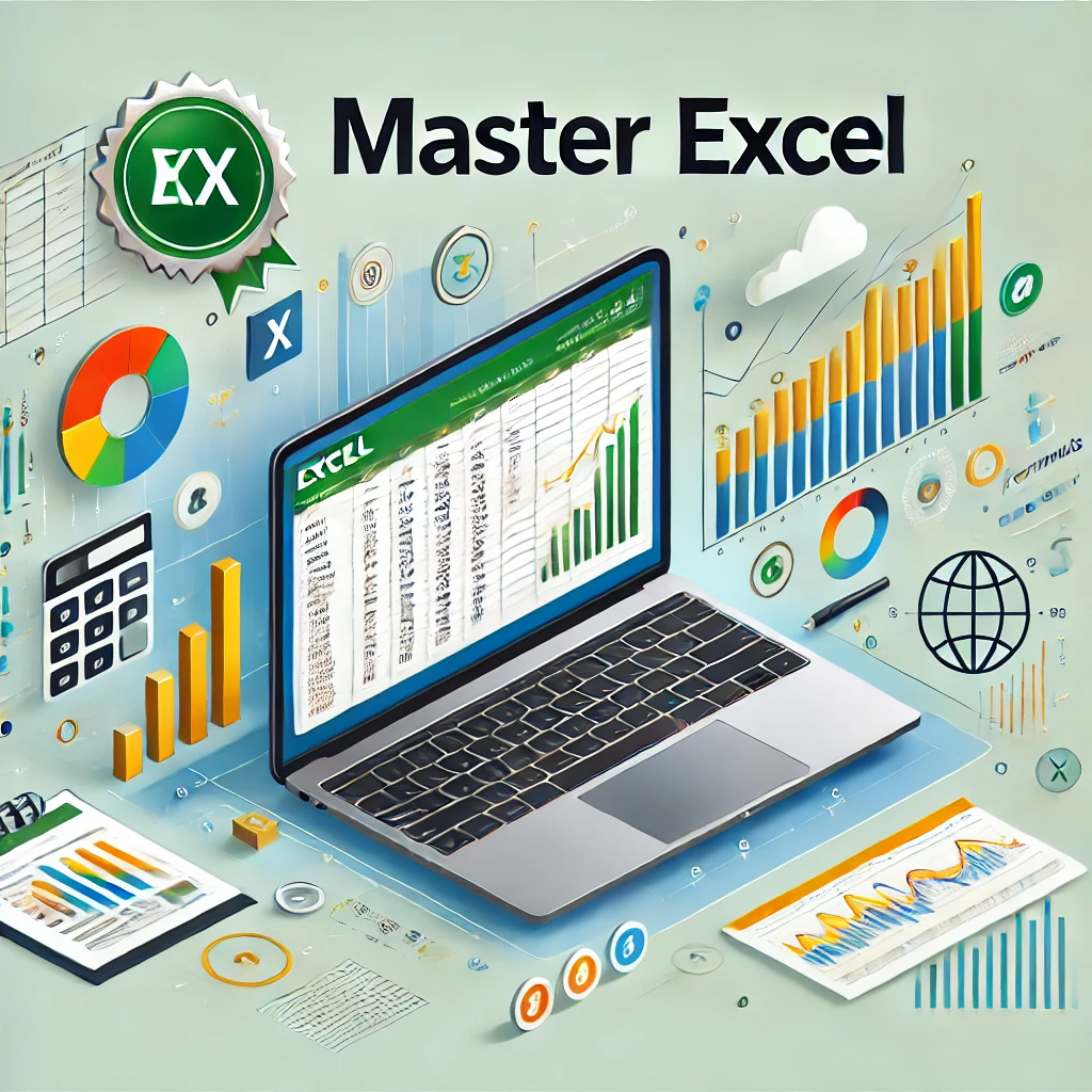 DALL·E 2024-09-28 20.18.43 - A sleek, professional image promoting a digital Excel course. The design features an open laptop displaying a vibrant Excel spreadsheet with charts, g